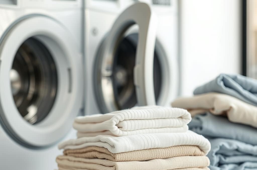 Ilustrasi koper terbuka dengan tumpukan pakaian bersih terlipat rapi di sampingnya, menunjukkan persiapan laundry kilat