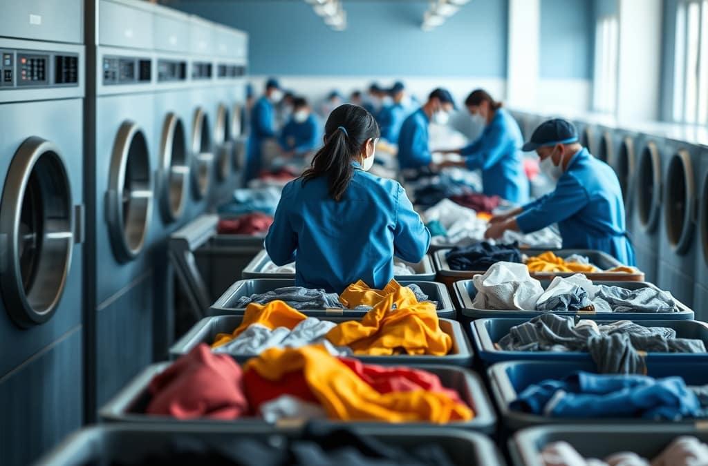 Ilustrasi proses sortir pakaian Laundry Kiloan di Hancabarasih, petugas memilah pakaian berdasarkan warna dan jenis bahan