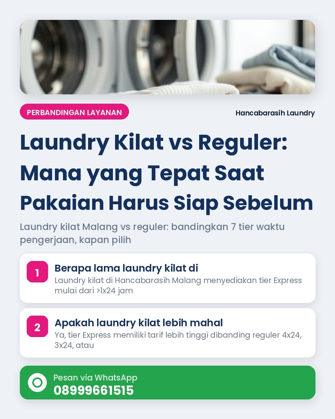 Perbandingan tier waktu laundry kilat malang dan reguler dalam bentuk tabel dengan ikon jam dan koper
