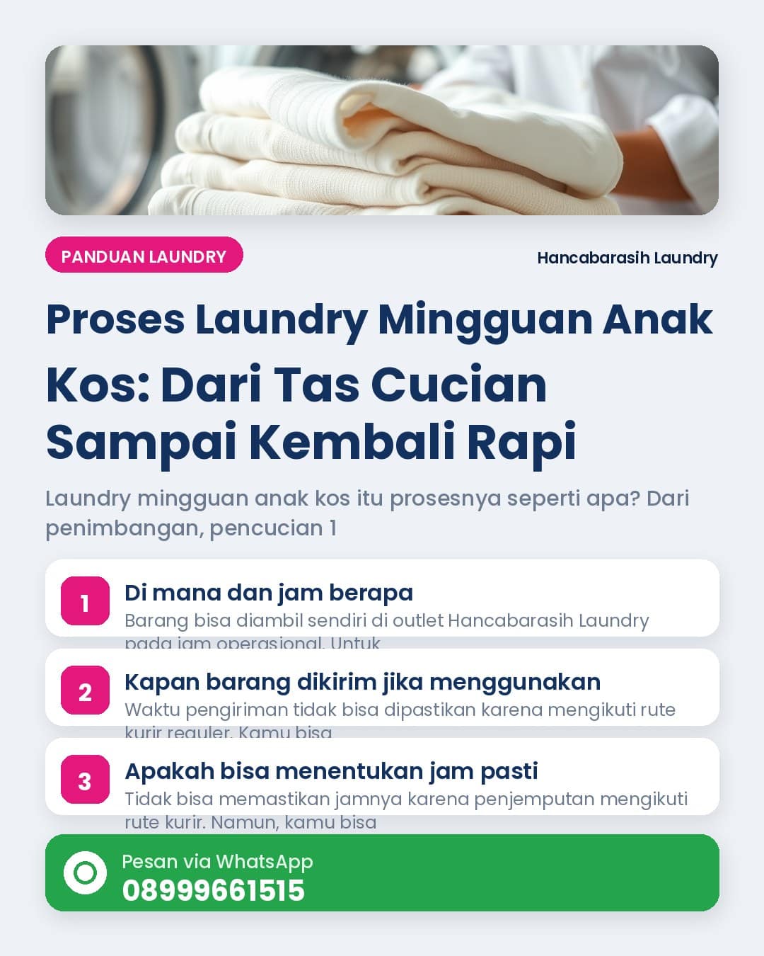 Ilustrasi 6 tahap proses laundry mingguan anak kos dari penimbangan sampai QC