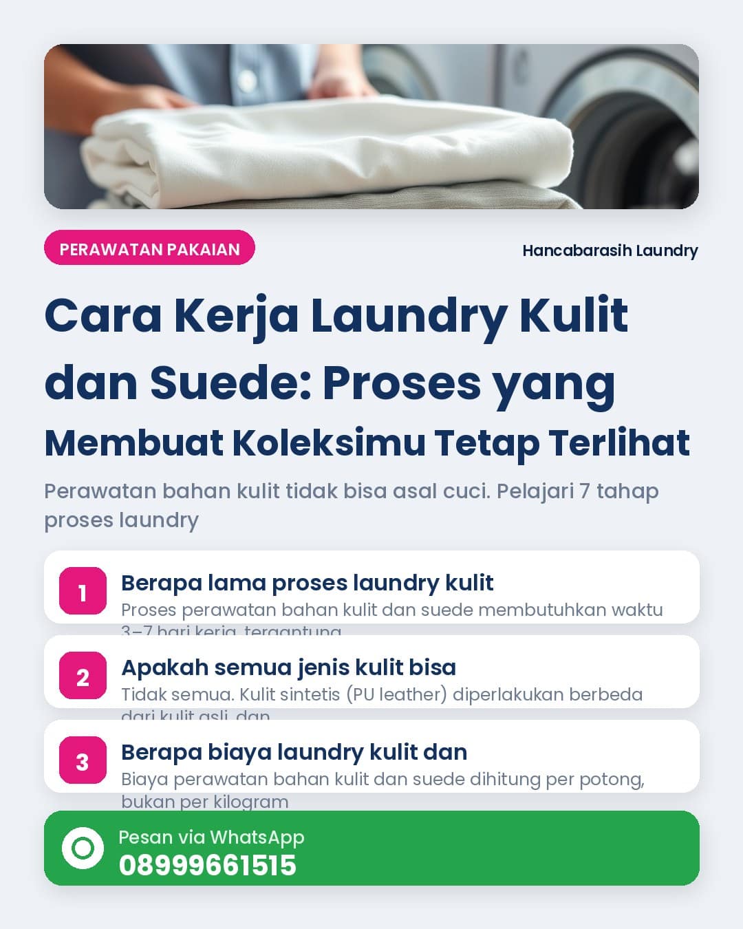 Tahapan perawatan bahan kulit: inspeksi, pembersihan semi-basah, dan conditioning pada jaket kulit