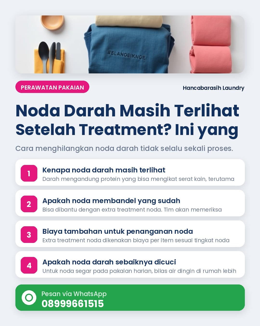 Ilustrasi cara menghilangkan noda darah dengan membandingkan cuci sendiri dan laundry satuan