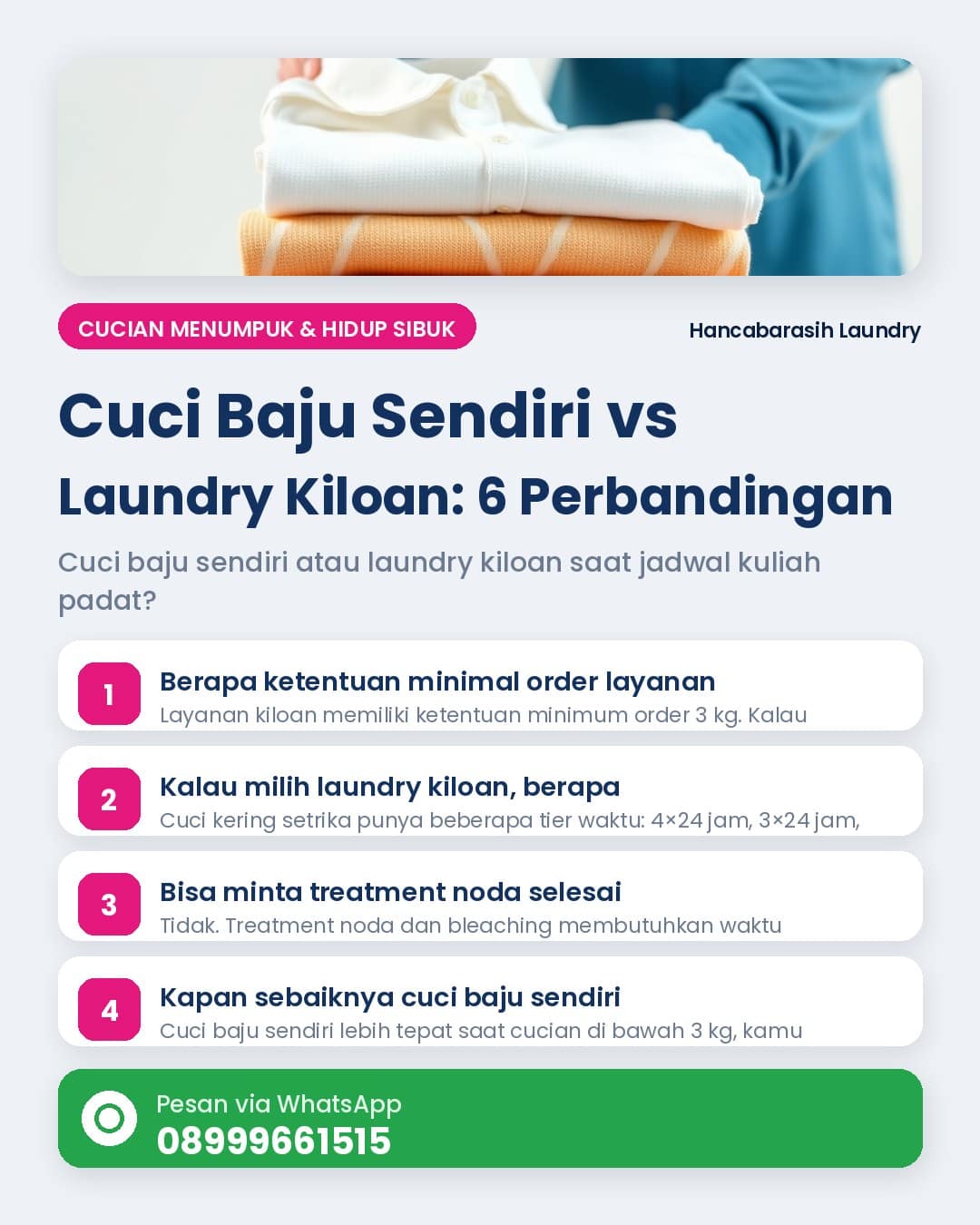 Cuci baju sendiri — tabel perbandingan layanan laundry kiloan Hancabarasih untuk cucian menumpuk