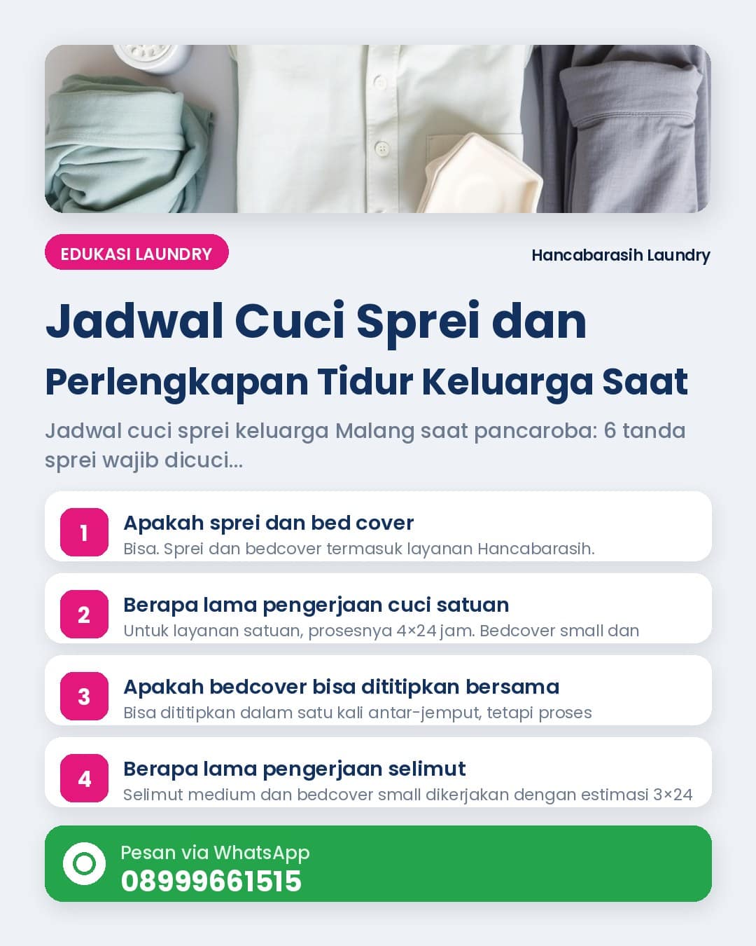 Ilustrasi estimasi pengerjaan sprei dan bedcover untuk jadwal cuci sprei keluarga Malang