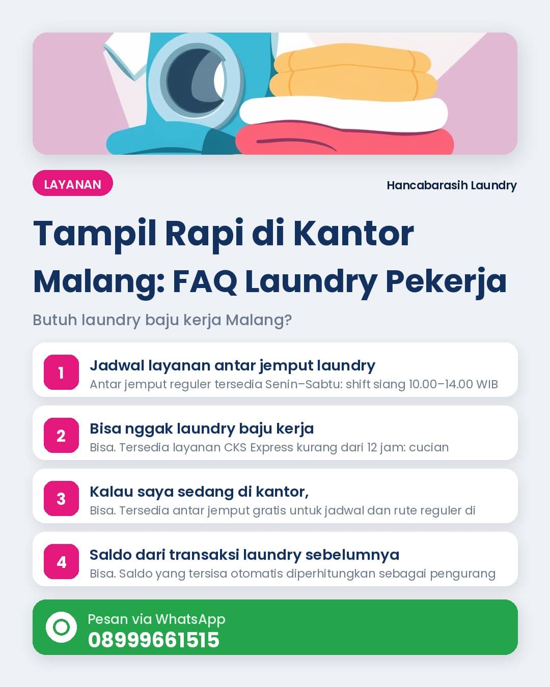 Ilustrasi layanan laundry baju kerja Malang dan jadwal antar jemput pekerja