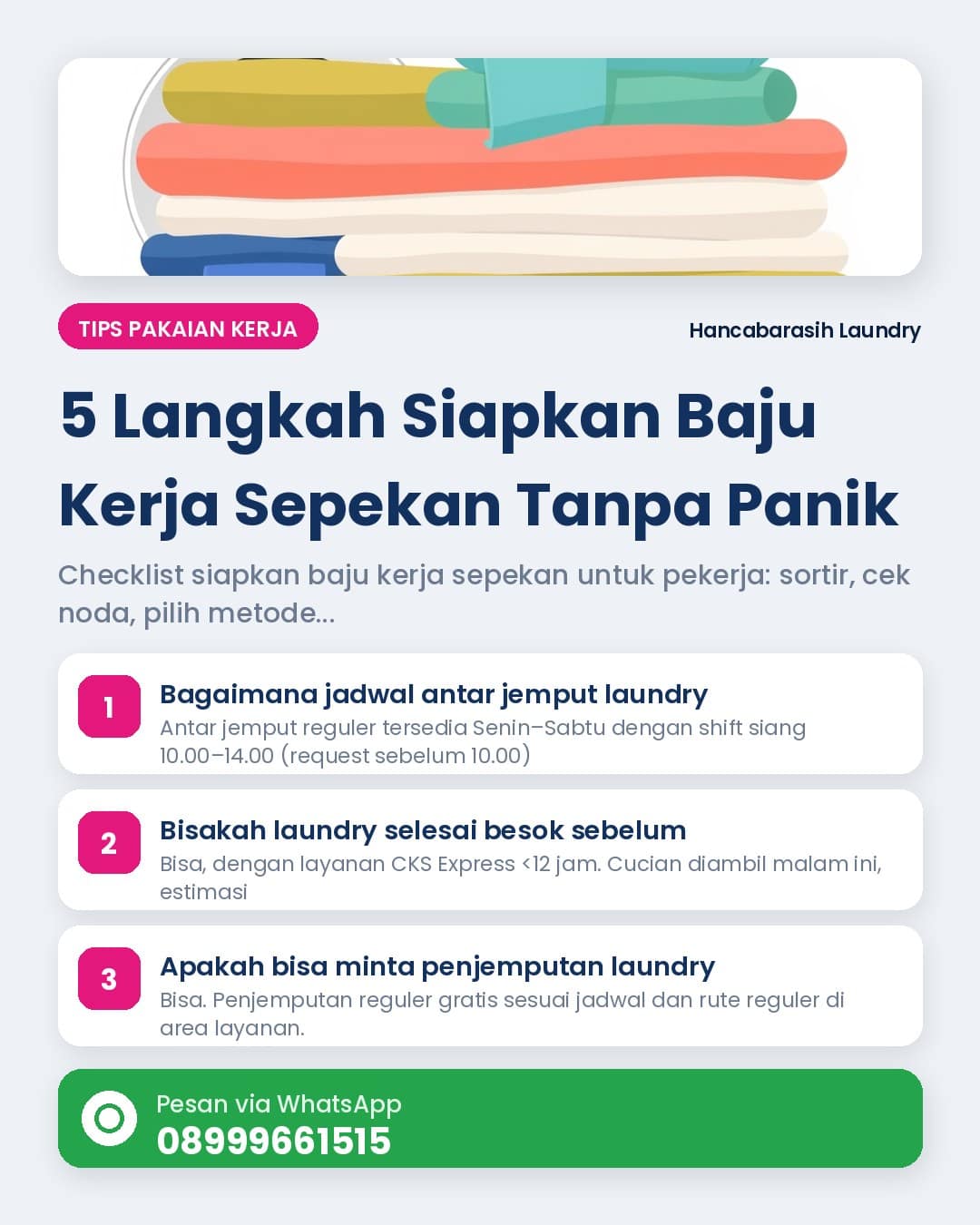Siapkan baju kerja sepekan — ilustrasi tumpukan baju kerja dan checklist mingguan