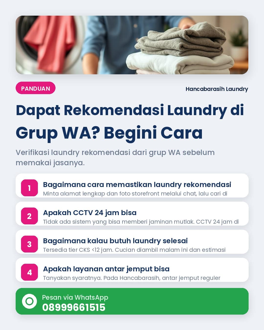 Verifikasi laundry rekomendasi — infografis langkah mengecek profil, CCTV, dan garansi laundry rekomendasi