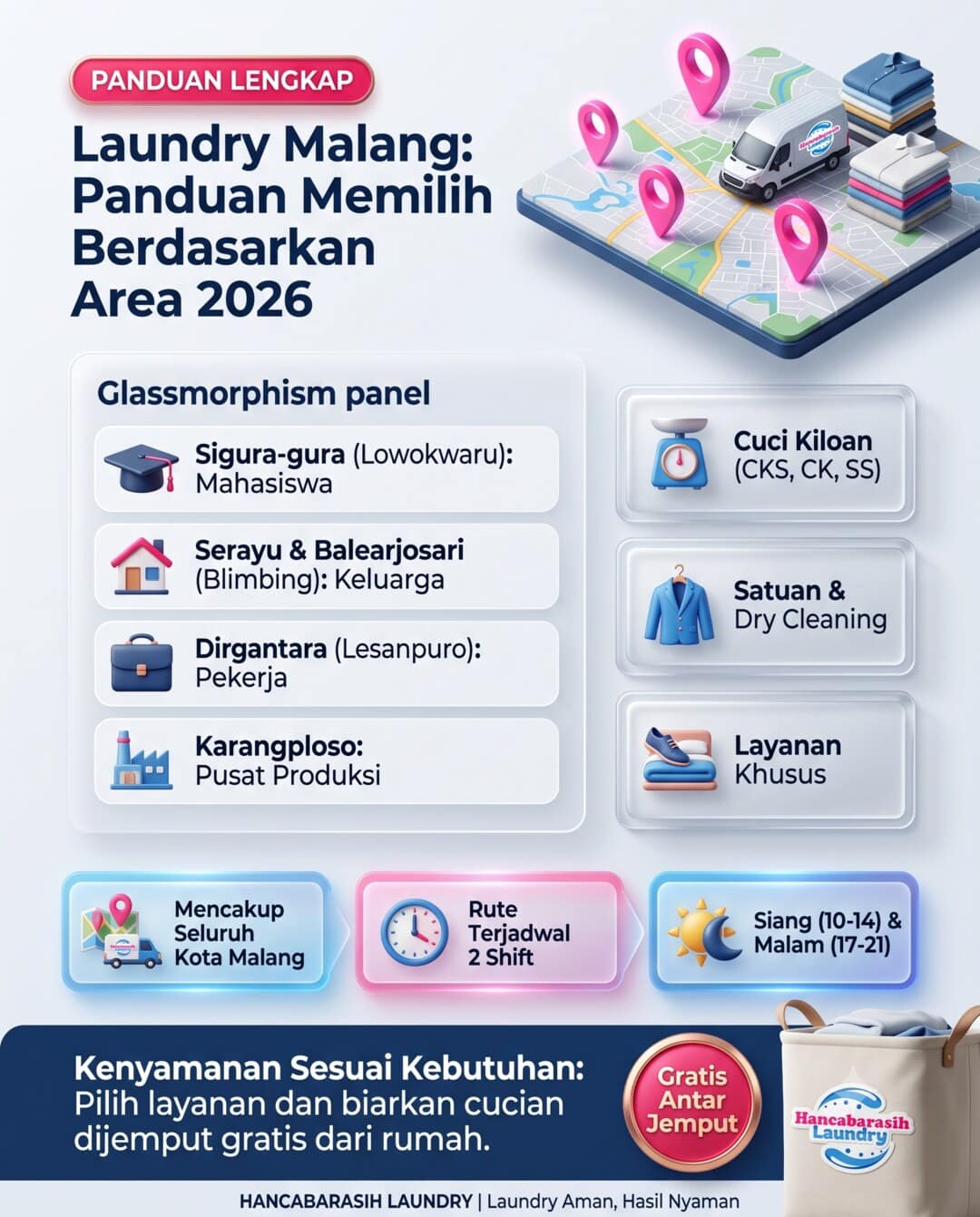 Laundry di Malang: Panduan Memilih Berdasarkan Area 2026 Infografis laundry di Malang: peta area layanan, jenis layanan kiloan & satuan, serta antar jemput gratis se-Kota Malang