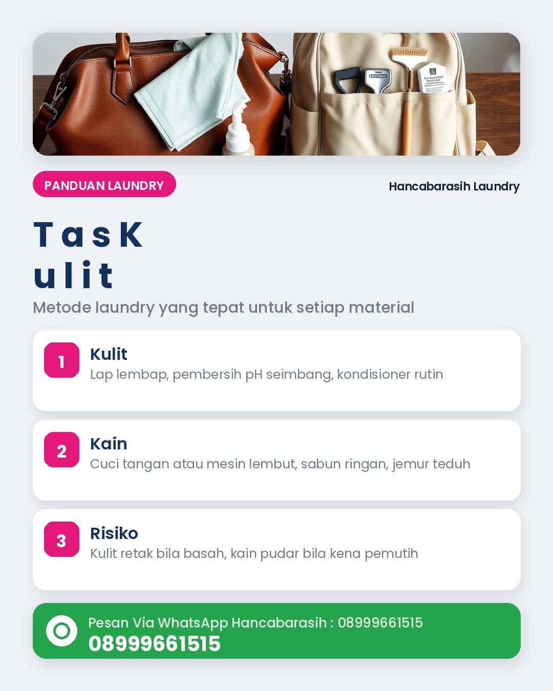 Ilustrasi perbandingan penanganan laundry untuk tas kulit dan tas kain